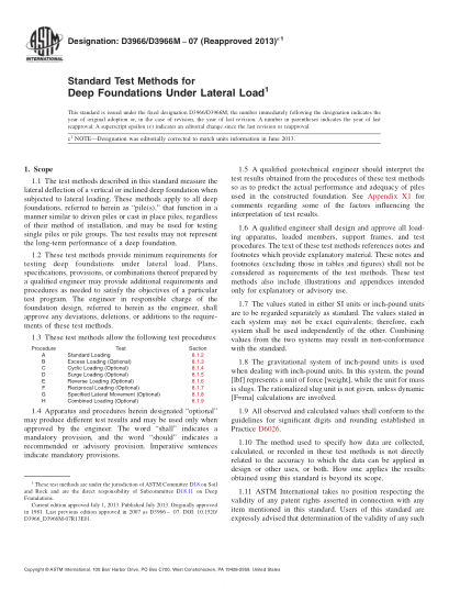 ASTM D3966/D3966M-2007(2013)e1深基礎側向負荷試驗方法Standard Test Methods for Deep Foundations Under Lateral Load