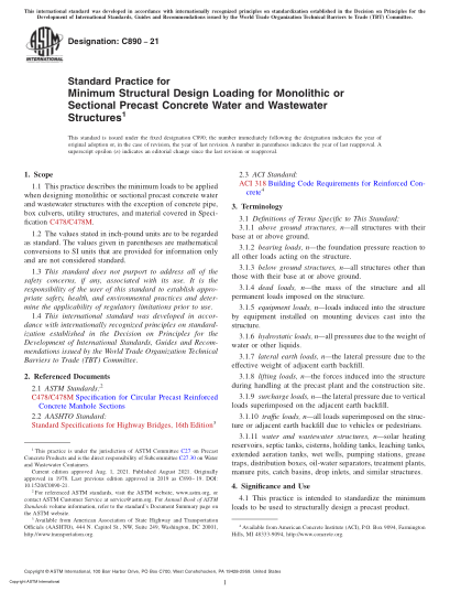 ASTM C890-2021Standard Practice for Minimum Structural Design Loading for Monolithic or Sectional Precast Concrete Water and Wastewater Structures
