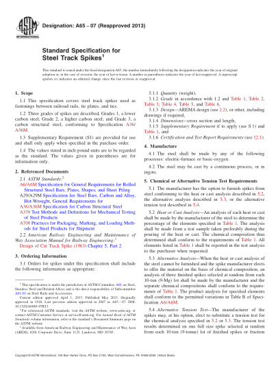 ASTM A65-2007(2013)鋼軌道道釘規格Standard Specification for Steel Track Spikes