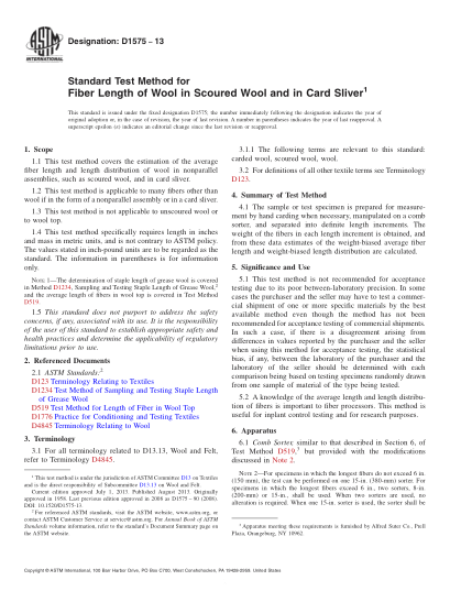 ASTM D1575-2013洗凈羊毛和粗梳條子羊毛纖維長(cháng)度測試方法Standard Test Method for Fiber Length of Wool in Scoured Wool and in Card Sliver