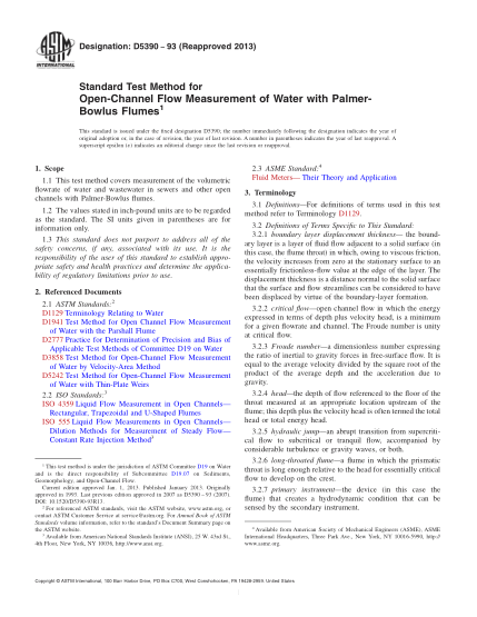 ASTM D5390-1993(2013)用帕瑪柏樂(lè )槽測量明渠水流量的試驗方法Standard Test Method for Open-Channel Flow Measurement of Water with Palmer-Bowlus Flumes