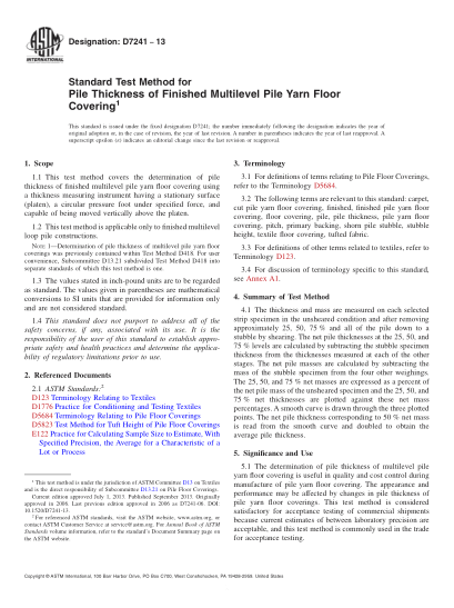 ASTM D7241-2013成品多層毛圈起絨地毯絨頭厚度試驗方法Standard Test Method for Pile Thickness of Finished Multilevel Pile Yarn Floor Covering