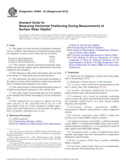 ASTM D5906-2002(2013)地表水深度測量期間水平位置測量指南Standard Guide for Measuring Horizontal Positioning During Measurements of Surface Water Depths