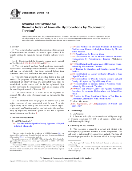 ASTM D1492-2013用庫侖滴定法測定芳烴溴指數值的試驗方法Standard Test Method for Bromine Index of Aromatic Hydrocarbons by Coulometric Titration