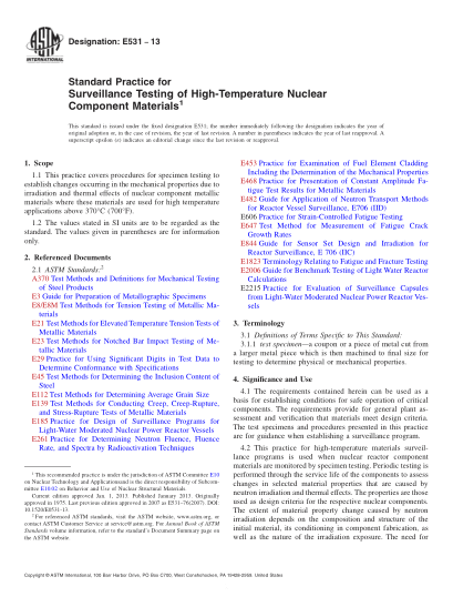 ASTM E531-2013高溫核組份材料的監視試驗的標準規程Standard Practice for Surveillance Testing of High-Temperature Nuclear Component Materials