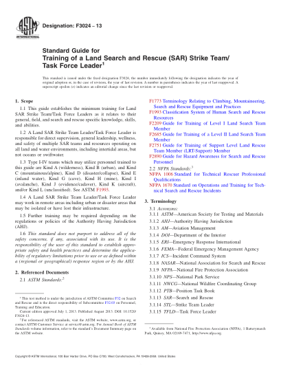 ASTM F3024-2013陸地搜救隊/工作組負責人培訓指南Standard Guide for Training of a Land Search and Rescue (SAR) Strike Team/ Task Force Leader