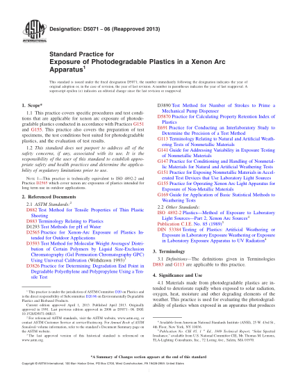 ASTM D5071-2006(2013)可光降解塑料在氙弧光曝光儀下曝露規程Standard Practice for Exposure of Photodegradable Plastics in a Xenon Arc Apparatus