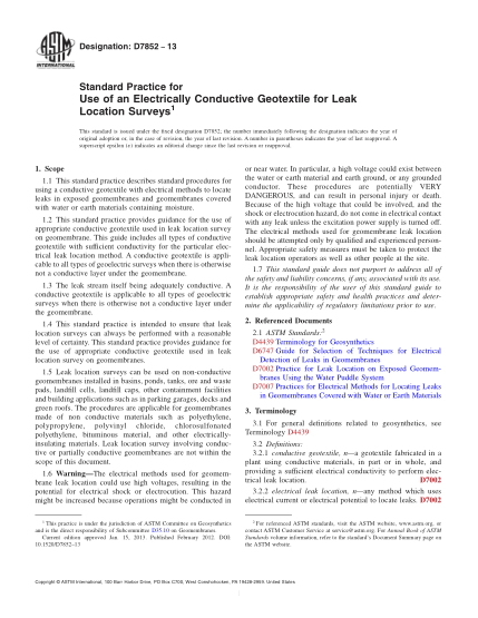 ASTM D7852-2013為調查滲漏位置運用導電性土工織物的規程Standard Practice for Use of an Electrically Conductive Geotextile for Leak Location Surveys