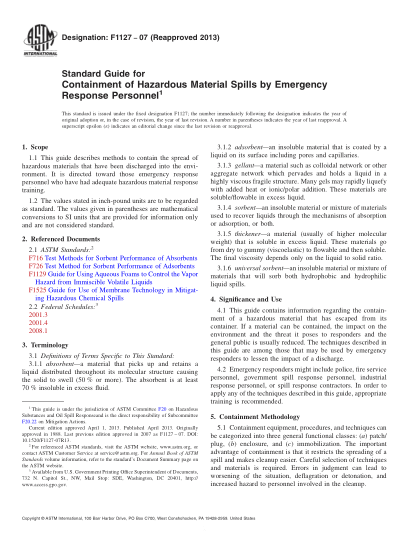 ASTM F1127-2007(2013)緊急事件應對人員隔離外泄危險材料的指南Standard Guide for Containment of Hazardous Material Spills by Emergency Response Personnel