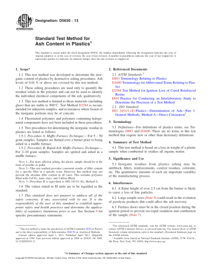 ASTM D5630-2013塑料中灰分含量的試驗方法Standard Test Method for Ash Content in Plastics