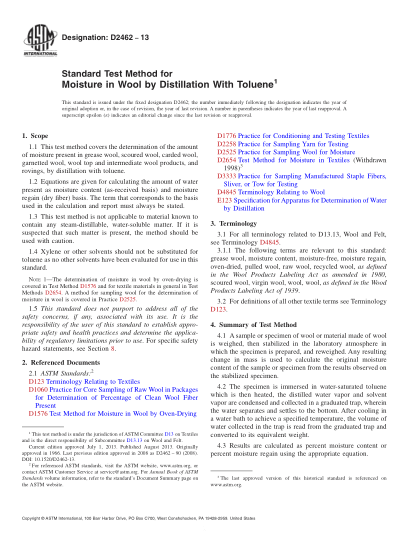 ASTM D2462-2013用甲苯蒸餾法測定羊毛中水份的試驗方法Standard Test Method for Moisture in Wool by Distillation With Toluene