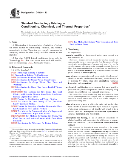 ASTM D4920-2013有關(guān)調節 化學(xué)和熱性能的術(shù)語(yǔ)Standard Terminology Relating to Conditioning,Chemical,and Thermal Properties