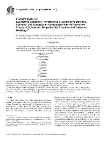 ASTM E2156-2004(2013)符合單戶(hù)聯(lián)體住宅和獨立住宅性能標準指南的備選設計、系統及材料經(jīng)濟性能的評定指南Standard Guide for Evaluating Economic Performance of Alternative Designs,Systems,and Materials in Compliance with Performance Standard Guides for Single-Family Attached and Detached Dwellings