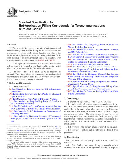 ASTM D4731-2013熱充填化合物的電信電線(xiàn)和電纜標準規格Standard Specification for Hot-Application Filling Compounds for Telecommunications Wire and Cable