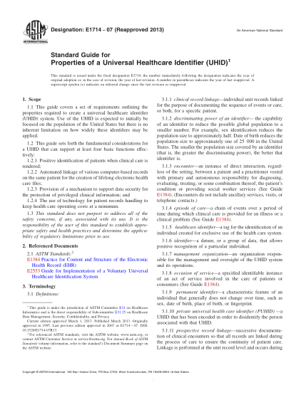 ASTM E1714-2007(2013)通用衛生保健標識符性能指南Standard Guide for Properties of a Universal Healthcare Identifier (UHID)