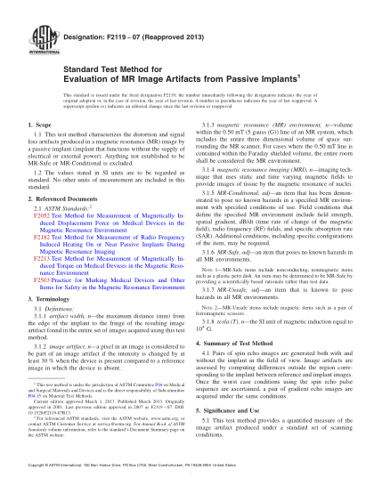 ASTM F2119-2007(2013)評定無(wú)源植入物磁共振圖像偽影的試驗方法Standard Test Method for Evaluation of MR Image Artifacts from Passive Implants