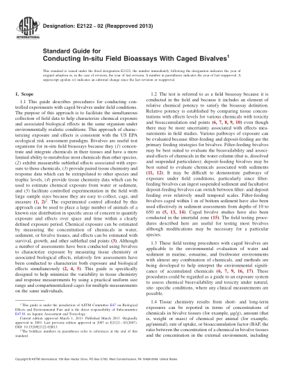 ASTM E2122-2002(2013)籠裝蚌類(lèi)現場(chǎng)生物測定的實(shí)施指南Standard Guide for Conducting In-situ Field Bioassays With Caged Bivalves