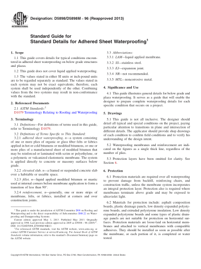 ASTM D5898/D5898M-1996(2013)Standard Guide for Standard Details for Adhered Sheet Waterproofing
