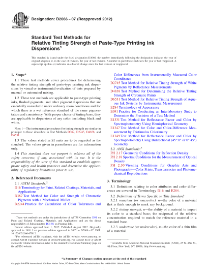 ASTM D2066-2007(2012)糊劑型印刷油墨彌散的相對著(zhù)色強度的試驗方法Standard Test Methods for Relative Tinting Strength of Paste-Type Printing Ink Dispersions