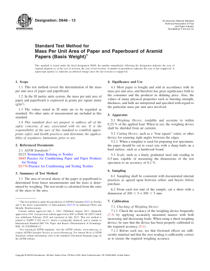 ASTM D646-2013紙和紙板每平方米克重的試驗方法(單位面積質(zhì)量)Standard Test Method for Mass Per Unit Area of Paper and Paperboard of Aramid Papers (Basis Weight)