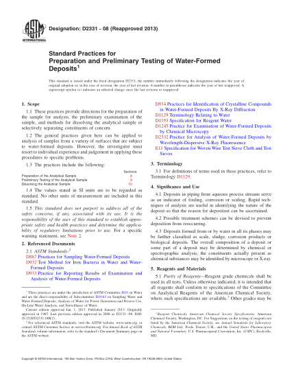 ASTM D2331-2008(2013)水沉積物制備與初步試驗規程Standard Practices for Preparation and Preliminary Testing of Water-Formed Deposits