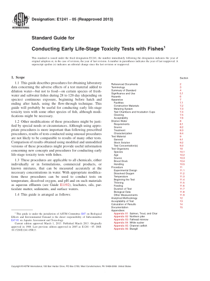 ASTM E1241-2005(2013)用魚(yú)進(jìn)行早期生命階段毒性試驗的指南Standard Guide for Conducting Early Life-Stage Toxicity Tests with Fishes