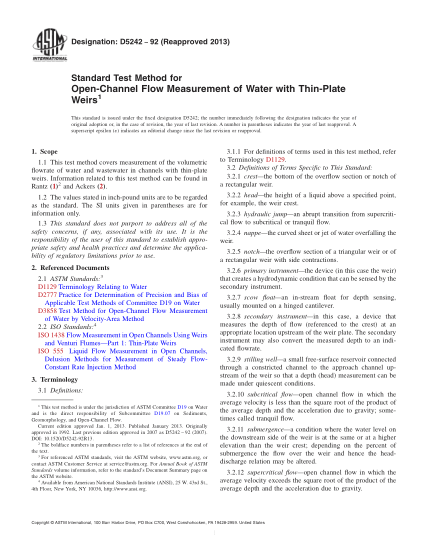 ASTM D5242-1992(2013)用薄板堰進(jìn)行明渠水流量測量的試驗方法Standard Test Method for Open-Channel Flow Measurement of Water with Thin-Plate Weirs
