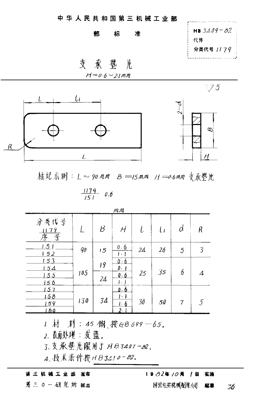 HB 3409-1982支承墊片 H=0.6~2.1mm