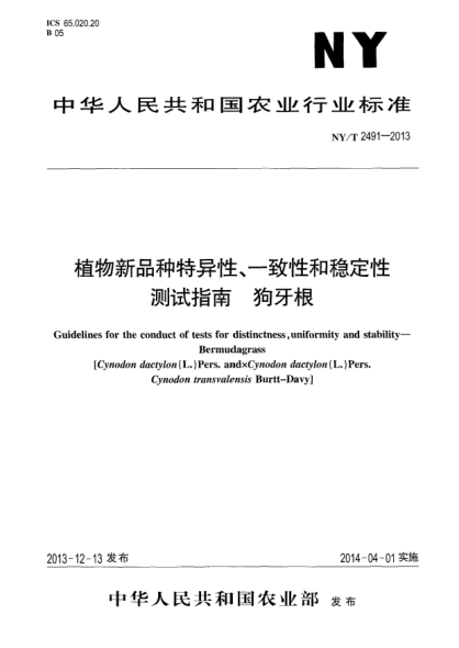 NY/T 2491-2013植物新品種特異性、一致性和穩定性測試指南 狗牙根