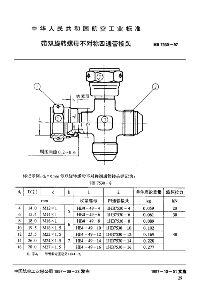 HB 7530-1997帶雙旋轉螺母不對稱(chēng)四通管接頭