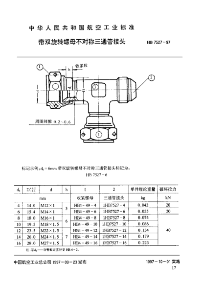HB 7527-1997帶雙旋轉螺母不對稱(chēng)三通管接頭