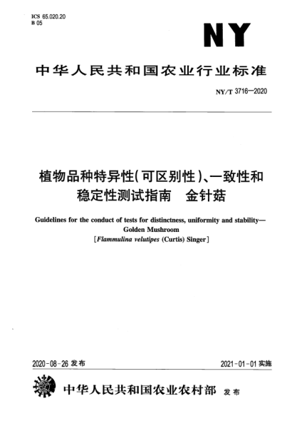 NY/T 3716-2020植物品種特異性（可區別性）、一致性和穩定性測試指南 金針菇