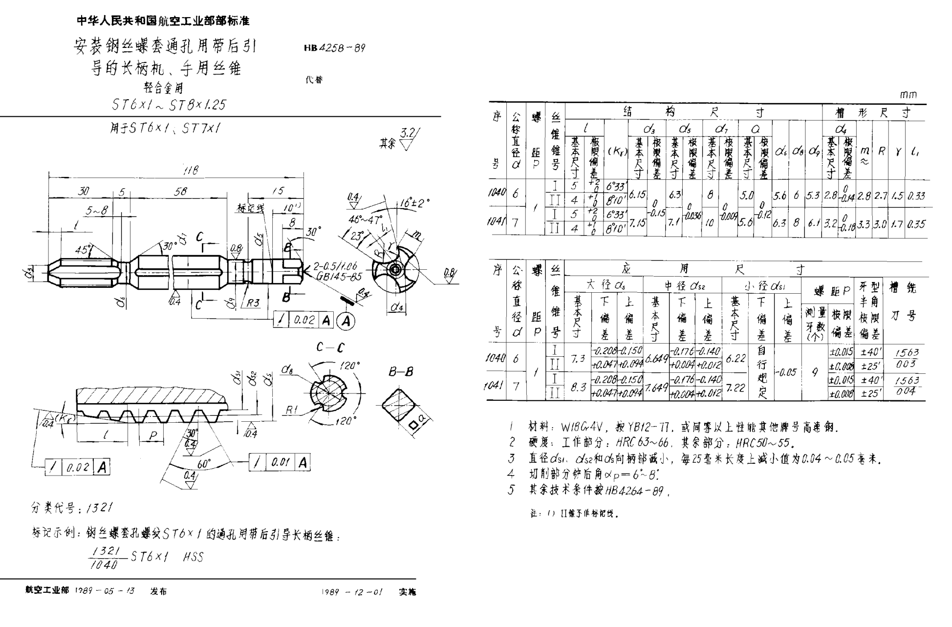 HB 4258-1989安裝鋼絲螺套通孔用帶后引導的長(cháng)柄機、手用絲錐 輕合金用 ＳＴ６×１~ＳＴ８×1.25
