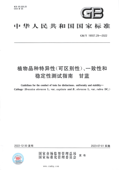 GB/T 19557.29-2022 植物品種特異性(可區別性)、一致性和穩定性測試指南 甘藍