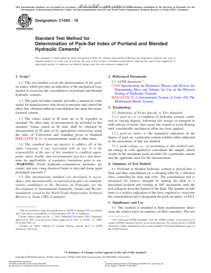 ASTM C1565-2019 Standard Test Method for Determination of Pack-Set Index of Portland and Blended Hydraulic Cements
