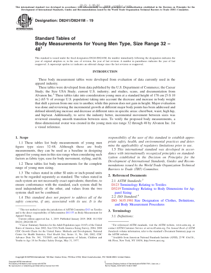 ASTM D8241/D8241M-201932到48碼男青年人體尺寸表Standard Tables of Body Measurements for Young Men Type, Size Range 32 – 48