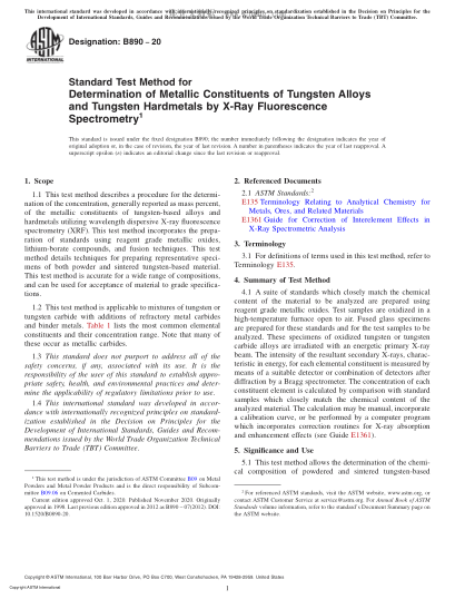 ASTM B890-2020 Standard Test Method for Determination of Metallic Constituents of Tungsten Alloys and Tungsten Hardmetals by X-Ray Fluorescence Spectrometry