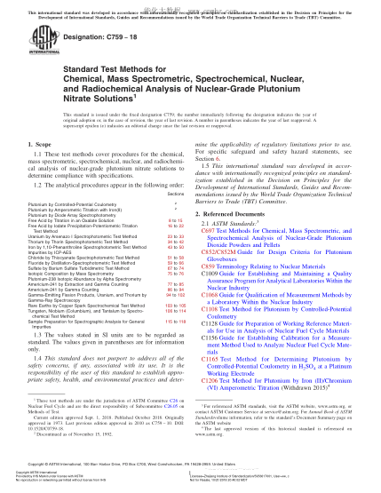 ASTM C759-2018 Standard Test Methods for Chemical, Mass Spectrometric, Spectrochemical, Nuclear, and Radiochemical Analysis of Nuclear-Grade Plutonium Nitrate Solutions