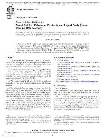 ASTM D5772-2021 Standard Test Method for Cloud Point of Petroleum Products and Liquid Fuels (Linear Cooling Rate Method)