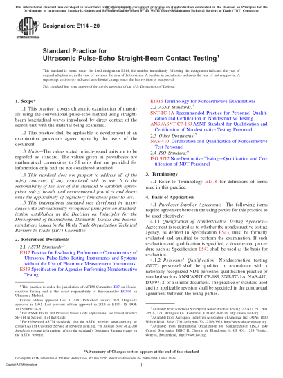 ASTM E114-2020 Standard Practice for Ultrasonic Pulse-Echo Straight-Beam Contact Testing