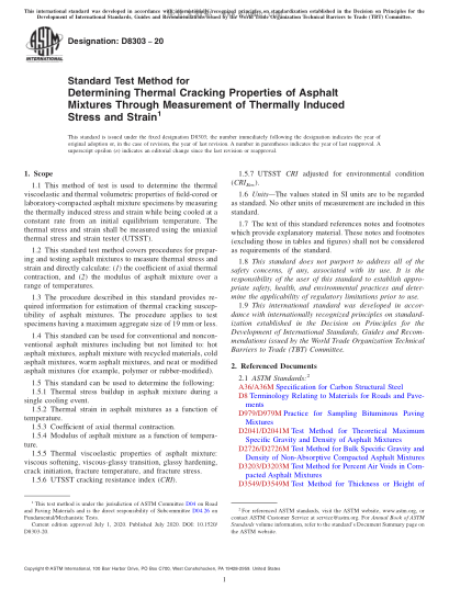 ASTM D8303-2020 Standard Test Method for Determining Thermal Cracking Properties of Asphalt Mixtures Through Measurement of Thermally Induced Stress and Strain