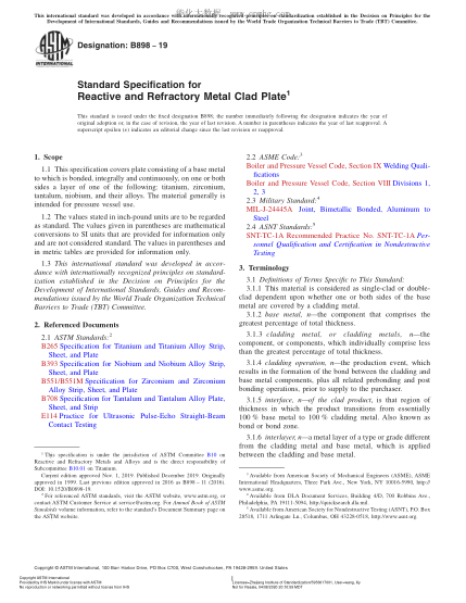ASTM B898-2019 活性金屬復合板和難熔金屬復合板規格 Standard Specification for Reactive and Refractory Metal Clad Plate