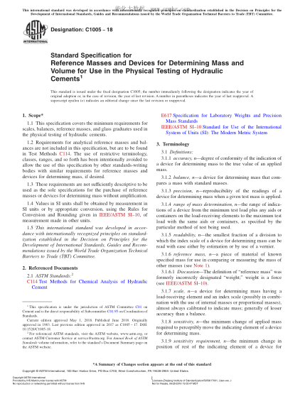 ASTM C1005-2018 Standard Specification for Reference Masses and Devices for Determining Mass and Volume for Use in the Physical Testing of Hydraulic Cements