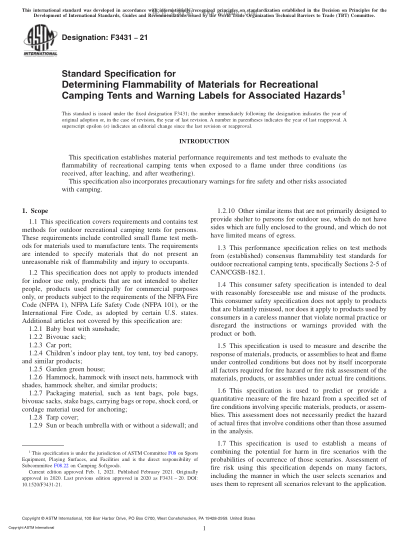 ASTM F3431-2021 Standard Specification for Determining Flammability of Materials for Recreational Camping Tents and Warning Labels for Associated Hazards
