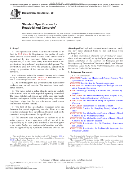 ASTM C94/C94M-2020 Standard Specification for Ready-Mixed Concrete