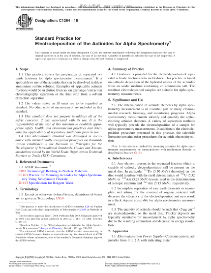 ASTM C1284-2018 Standard Practice for Electrodeposition of the Actinides for Alpha Spectrometry