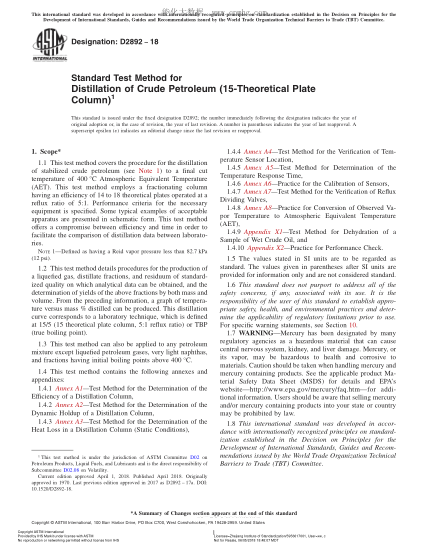 ASTM D2892-2018 原油蒸餾試驗方法(15-理論板式柱) Standard Test Method for Distillation of Crude Petroleum (15-Theoretical Plate Column)