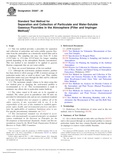 ASTM D3267-2020 Standard Test Method for Separation and Collection of Particulate and Water-Soluble Gaseous Fluorides in the Atmosphere (Filter and Impinger Method)