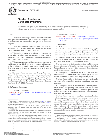 ASTM E2659-2018 證書(shū)項目規程 Standard Practice for Certificate Programs