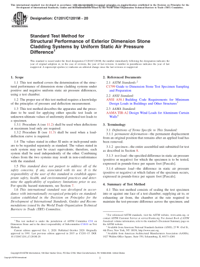 ASTM C1201/C1201M-2020 Standard Test Method for Structural Performance of Exterior Dimension Stone Cladding Systems by Uniform Static Air Pressure Difference